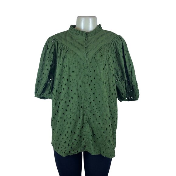 Pretty Garden Women's Green Eyelet Blouse Size L Button-Up Short Sleeves - New - Picture 1 of 7